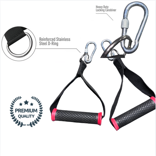 Gym handles attached to resistance bands, demonstrating their versatility for strength training at home or in the gym.