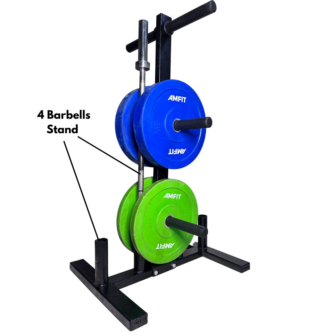 Detail shot focusing on the vertical tubes integrated into the Amfit storage rack, providing secure and space-saving storage for Olympic barbells.