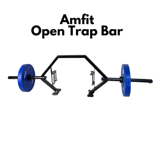 Full view of the black steel Amfit open trap bar (hex bar) featuring a walk-through design and dual grip handles, on a clean background.